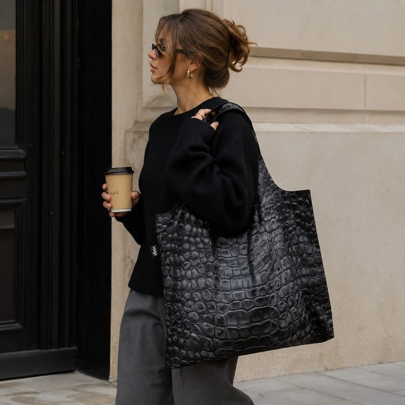 LOQI Black Crocodile Recycled Handlenett – Svart handlenett med krokodillemønster